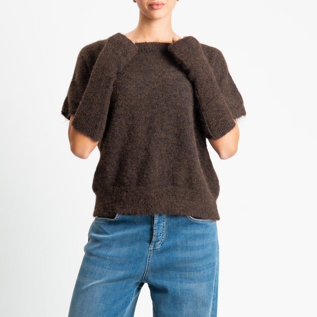 Tensione in-Maglia mohair mezza manica con manicotti - moro