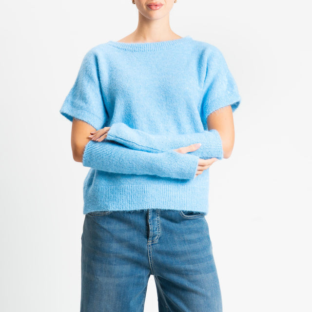 Tensione in-Maglia mohair mezza manica con manicotti - celeste
