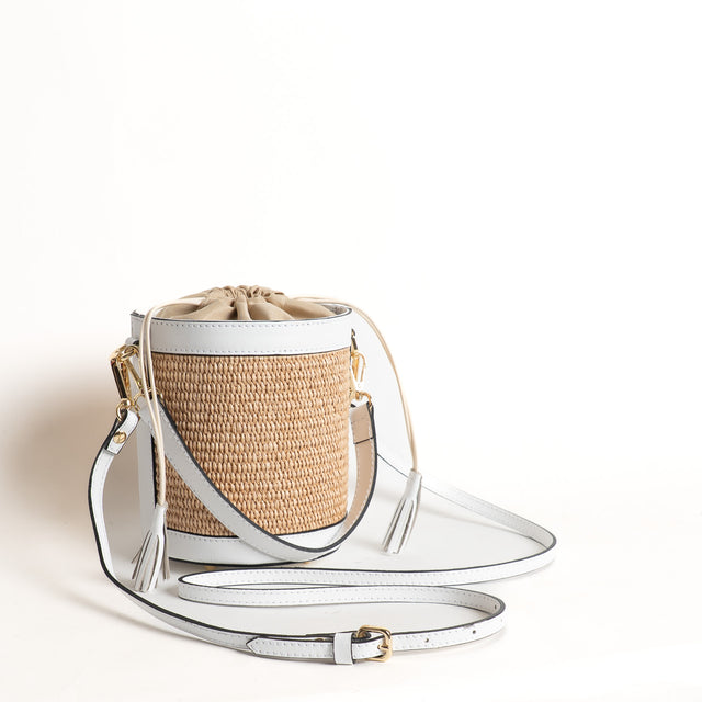 W by Whitemood- Mini secchiello in rafia e pelle - Bianco