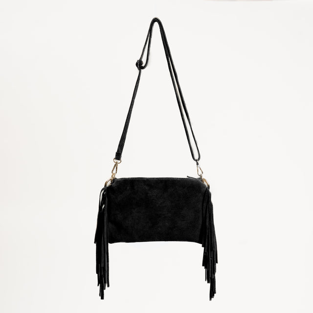 W by Whitemood- Borsa a spalla scamosciata con frange - Nero