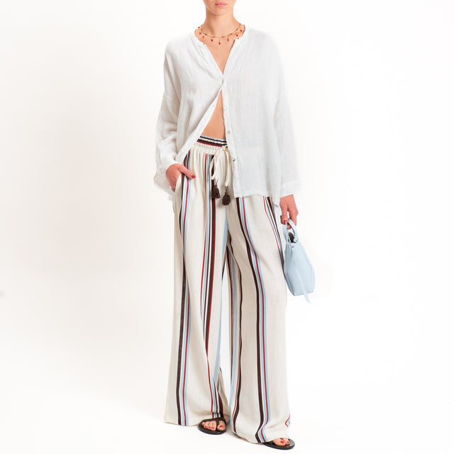 Tensione in-Pantalone a righe misto lino con nappine - burro/moro/nuvola