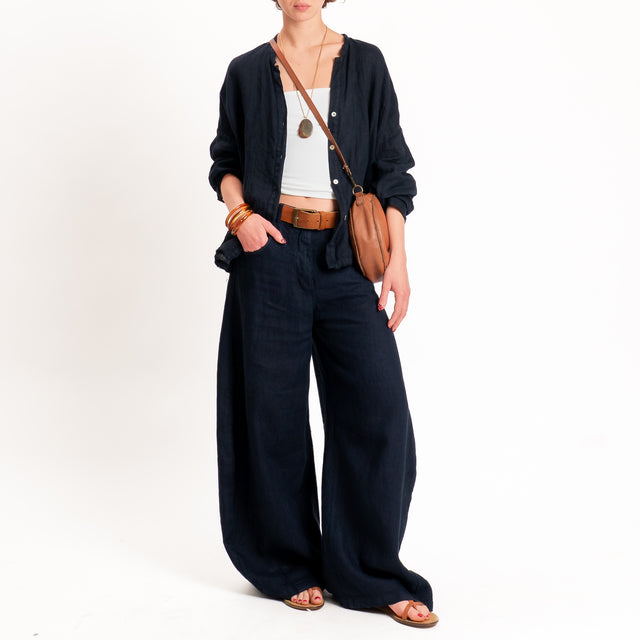 Tensione in-Camicia 100% lino collo coreana - blu