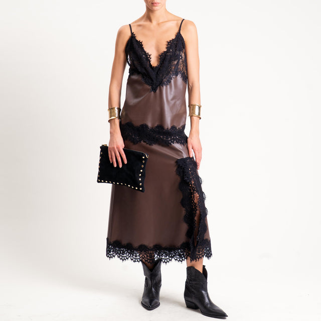 Tensione in- Top similpelle con pizzo bretelle regolabili - moro