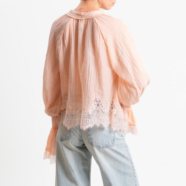 Tensione in-Blusa scollo v tessuto goffrato con pizzo - nude