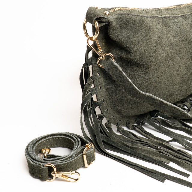 W by Whitemood-Borsa mezzaluna in camoscio con fra - militare