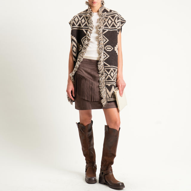 Motel- Gilet jacquard con frange - brown/sand/off white