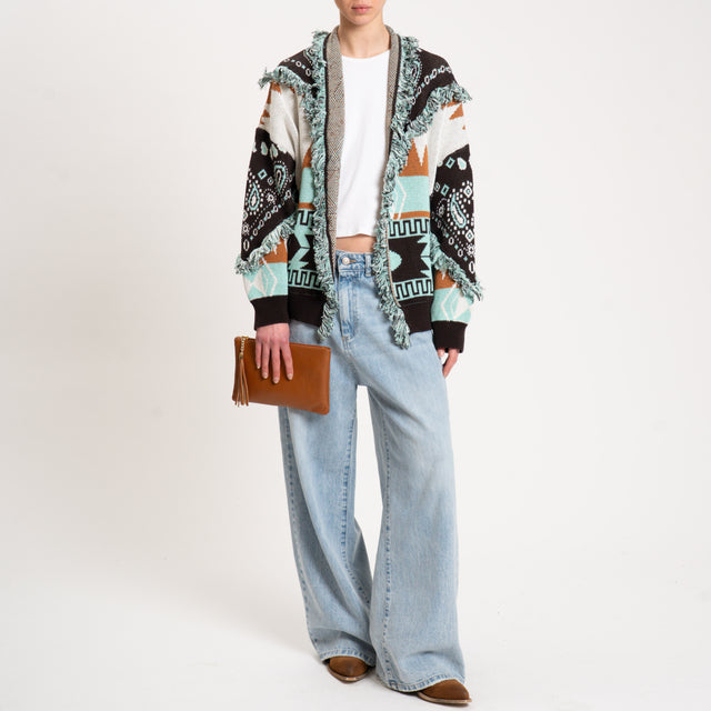 Tensione in-Cardigan jaquard con frange - moro/acqua/latte