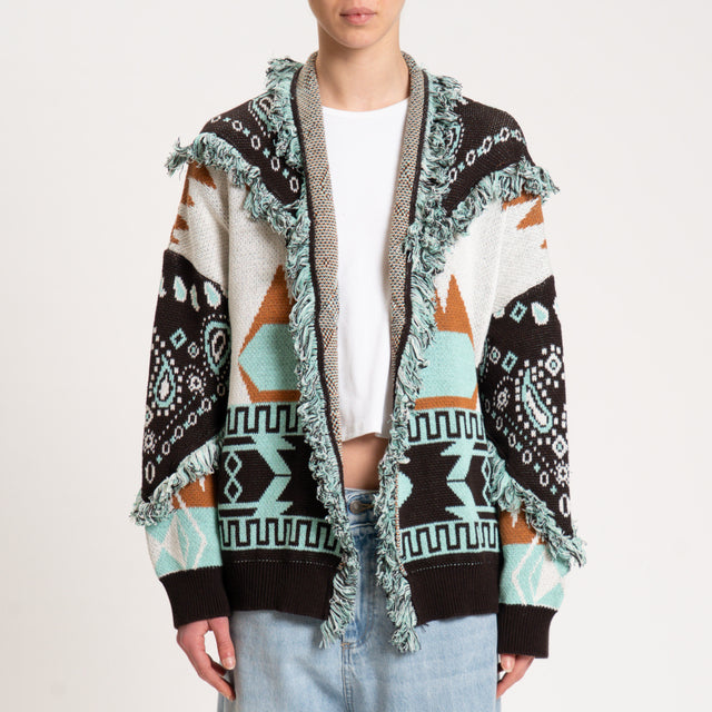 Tensione in-Cardigan jaquard con frange - moro/acqua/latte