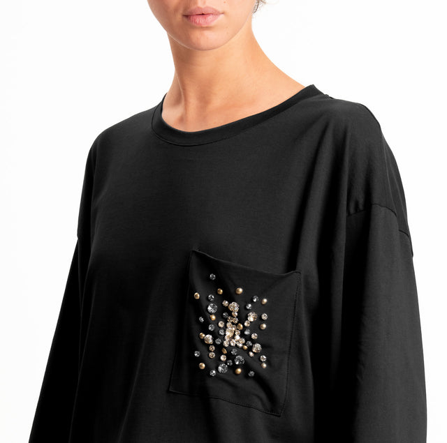 Tensione in-T-shirt taschino con applicazione cabochon - nero