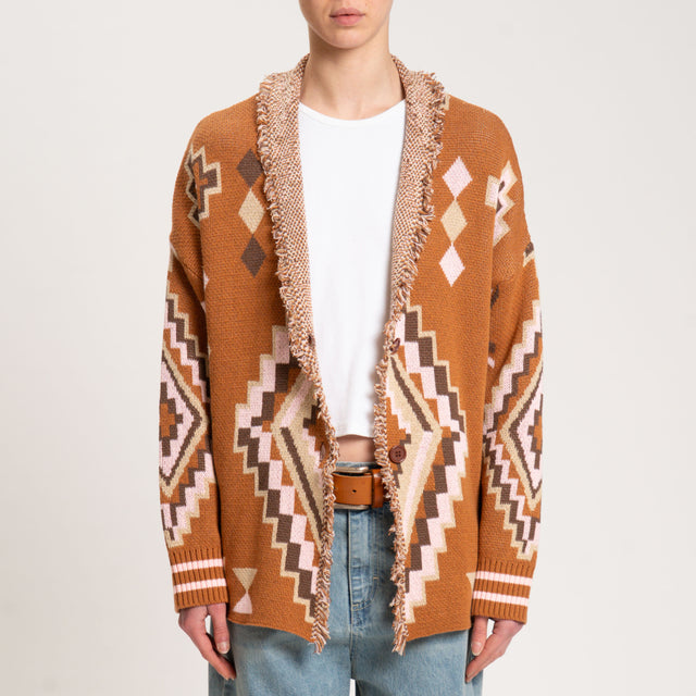 Dixie-Cardigan 2 bottoni jacquard - cuoio/beige/rosa
