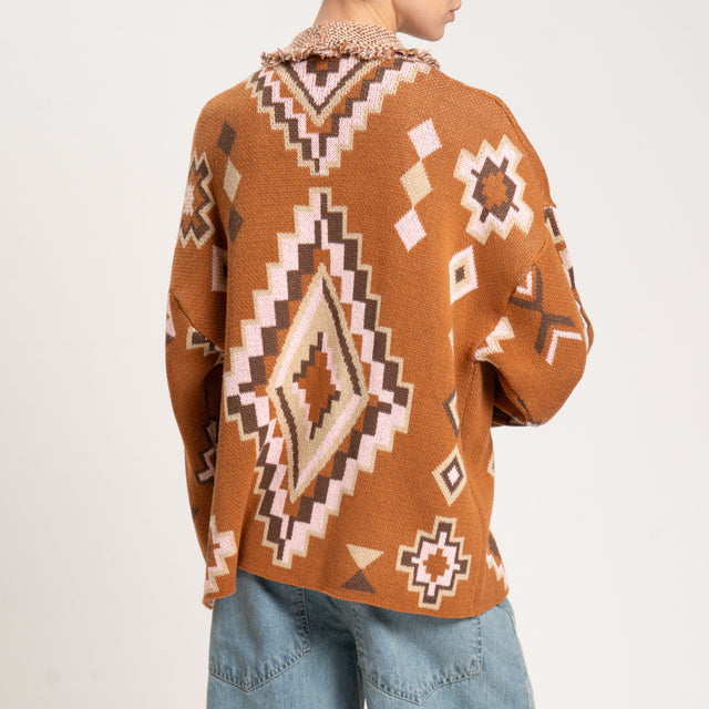 Dixie-Cardigan 2 bottoni jacquard - cuoio/beige/rosa