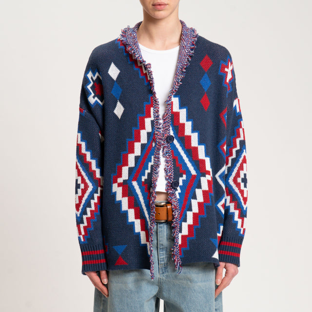 Dixie-Cardigan 2 bottoni jacquard - blu/rosso/bianco