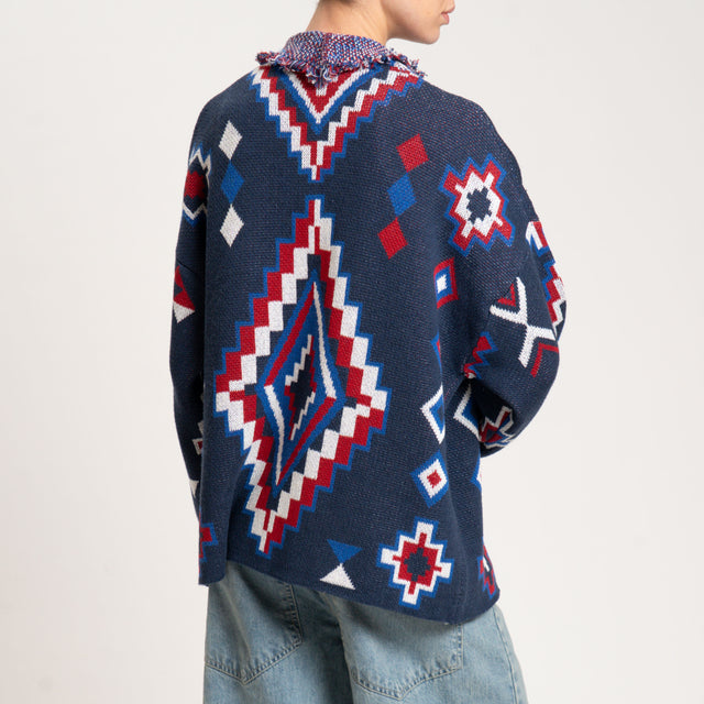 Dixie-Cardigan 2 bottoni jacquard - blu/rosso/bianco