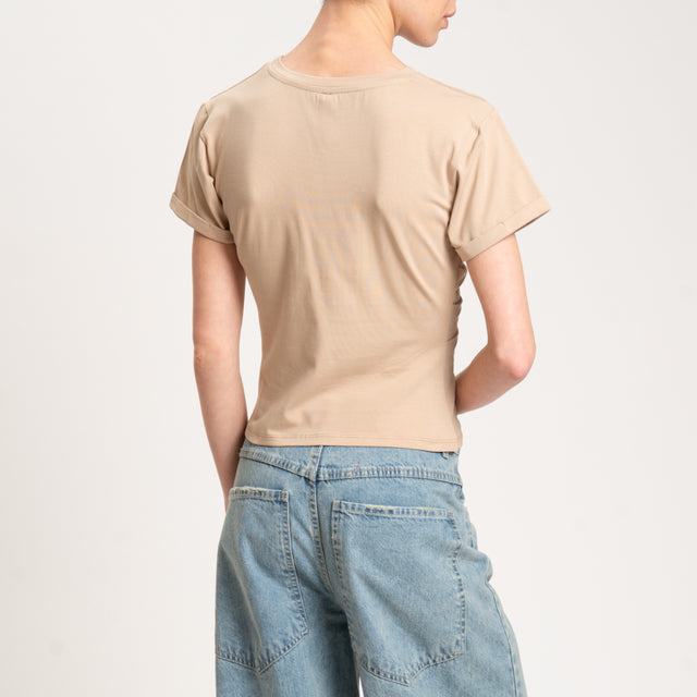 Tensione in-T-shirt girocollo con arricciatura - beige