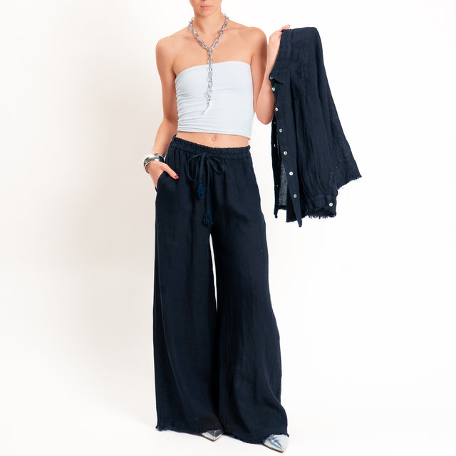 Motel-Pantalone 100% lino elastico con coulisse - blu