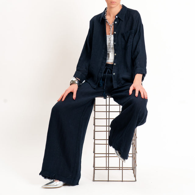 Motel-Camicia 100% lino bordi sfrangiati - blu