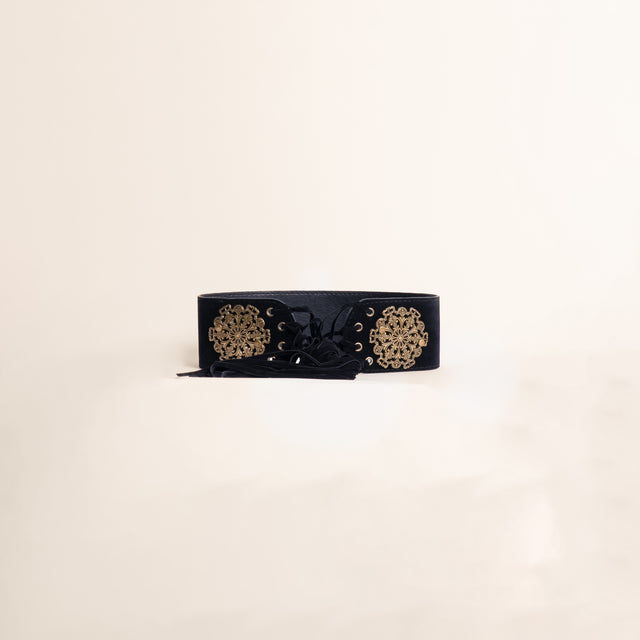 Tensione in-Cintura alta effetto suede con applicazioni - nero