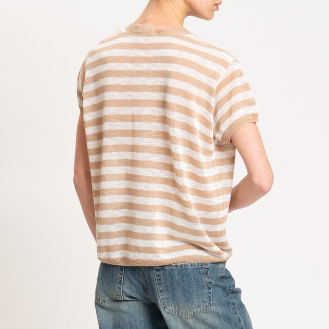 Vicolo-Maglia scollo v a righe - camel/latte