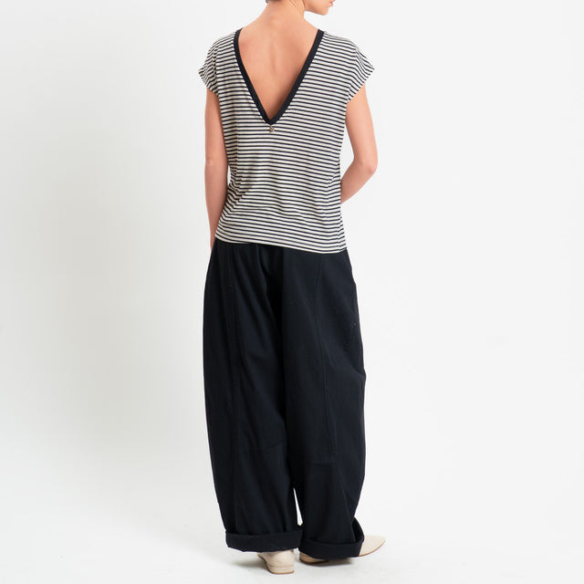 Souvenir-T-shirt a righe scollo v dietro - panna/nero