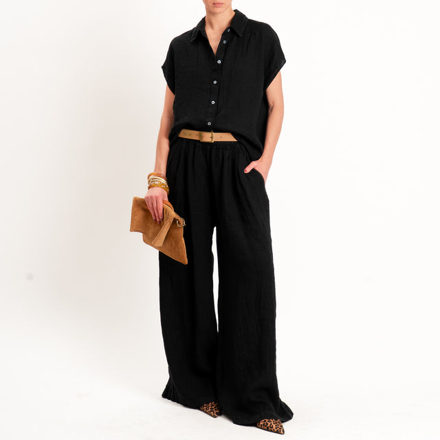 Zeroassoluto-Pantalone wide leg 100% lino premium washed - nero