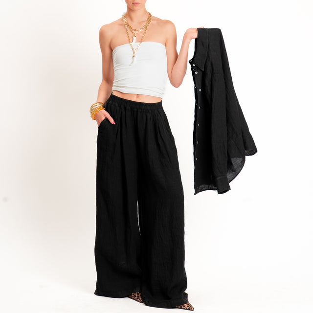 Zeroassoluto-Pantalone wide leg 100% lino premium washed - nero