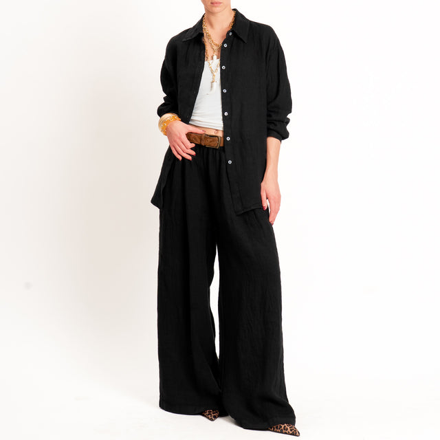 Zeroassoluto-Pantalone wide leg 100% lino premium washed - nero