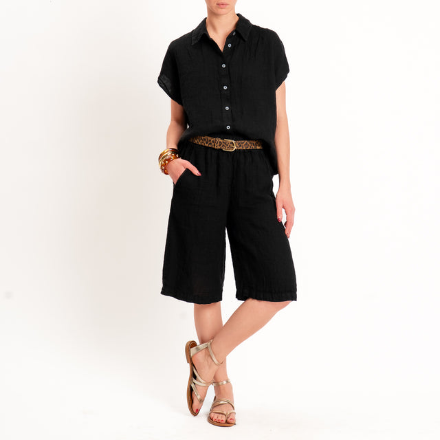 Zeroassoluto-Bermuda elastico in vita 100% lino premium washed - nero
