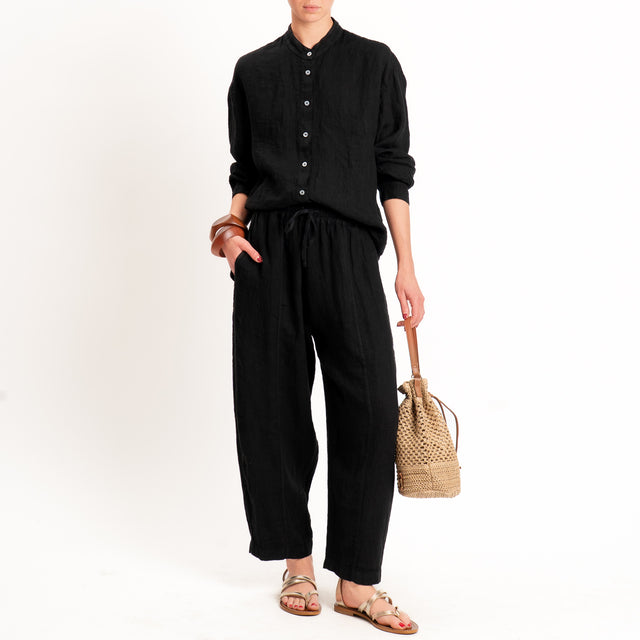 Zeroassoluto-Pantalone barrel elastico in vita 100% lino premium washed - nero