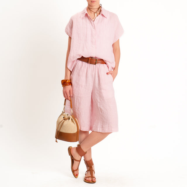 Zeroassoluto-Bermuda elastico in vita 100% lino premium washed- light pink