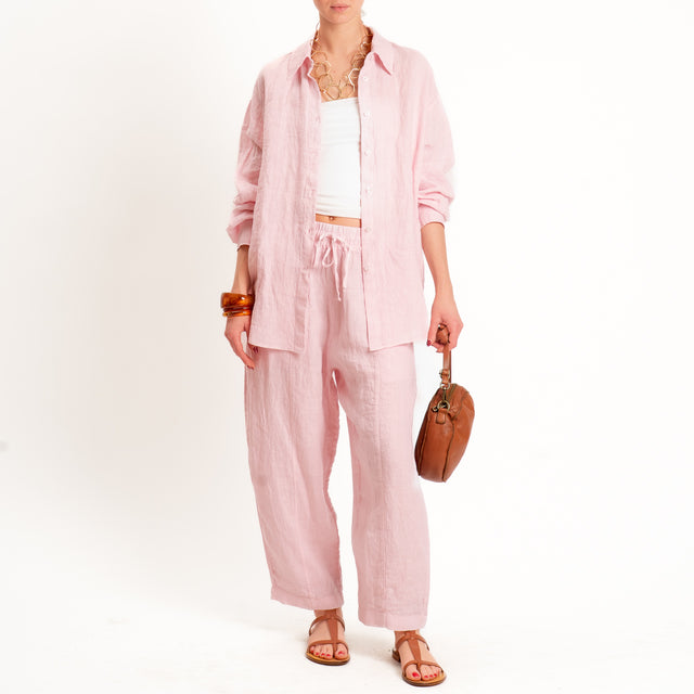 Zeroassoluto-Pantalone barrel elastico in vita 100% lino premium washed - light pink