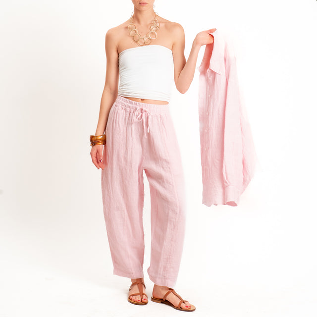 Zeroassoluto-Pantalone barrel elastico in vita 100% lino premium washed - light pink