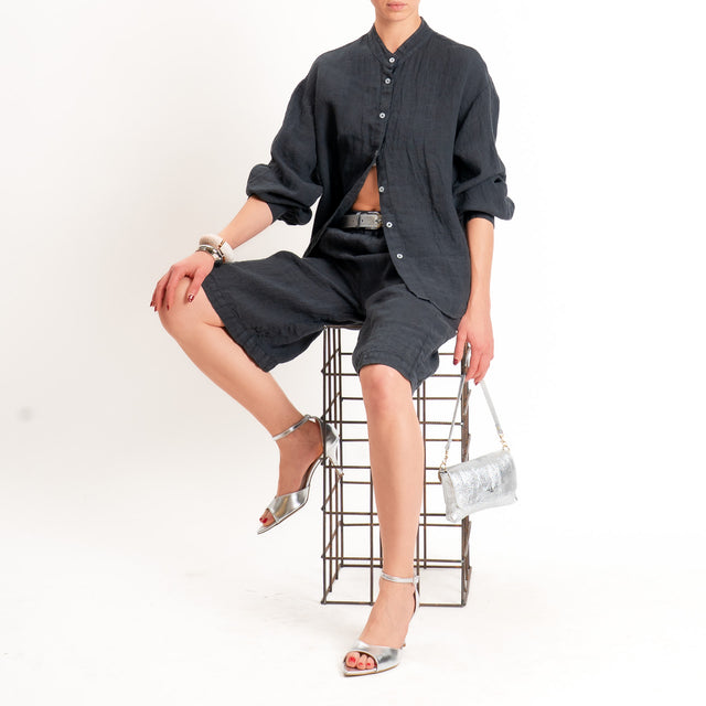 Zeroassoluto-Camicia collo coreana 100% lino premium washed - piombo