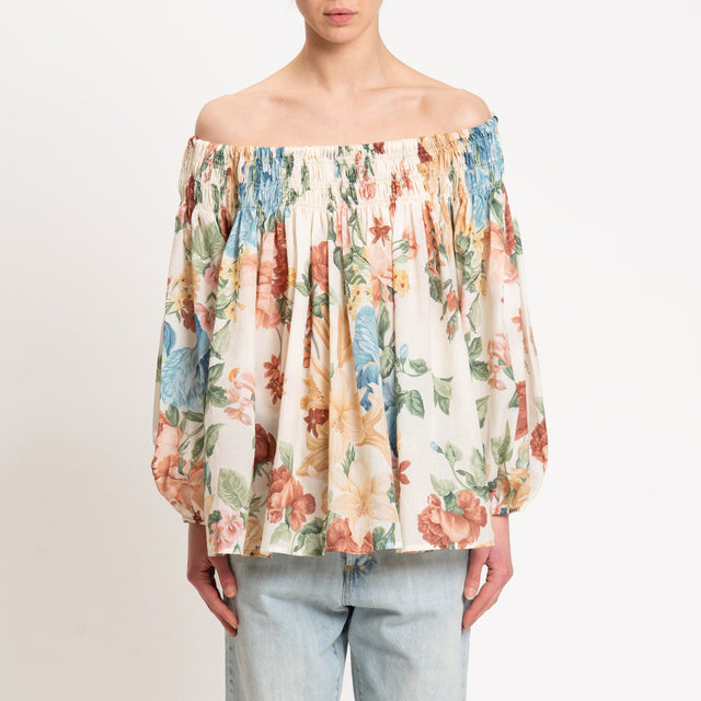 Vicolo-Blusa shiffer in mussola fantasia floreale - latte/camel/turchese