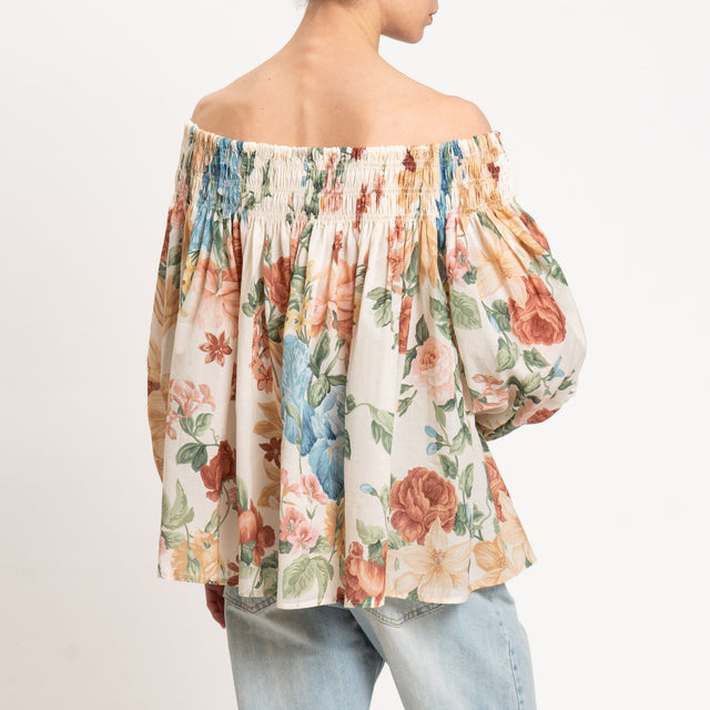 Vicolo-Blusa shiffer in mussola fantasia floreale - latte/camel/turchese