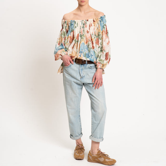 Vicolo-Blusa shiffer in mussola fantasia floreale - latte/camel/turchese