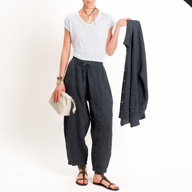 Zeroassoluto-Pantalone barrel elastico in vita 100% lino premium washed - piombo