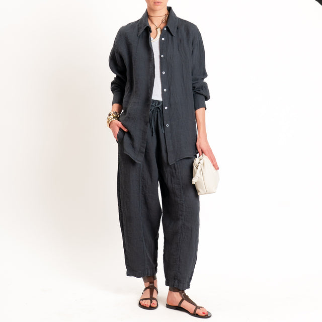 Zeroassoluto-Pantalone barrel elastico in vita 100% lino premium washed - piombo