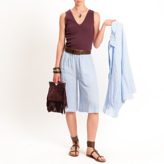 Zeroassoluto-Bermuda elastico in vita 100% lino premium washed - celeste