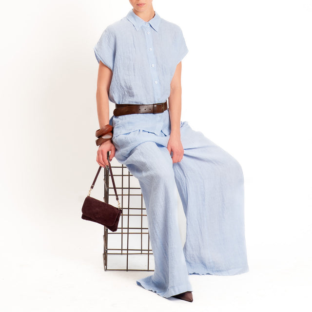 Zeroassoluto-Pantalone wide leg 100% lino premium washed - celeste