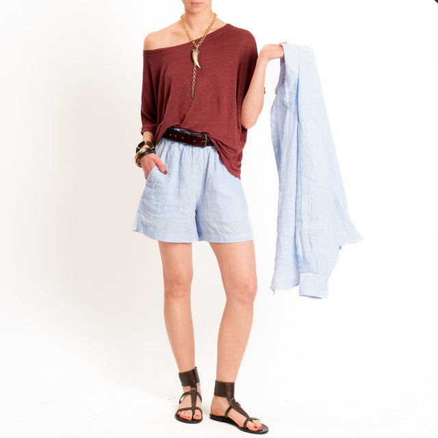 Zeroassoluto-Shorts elastico in vita 100% lino premium washed - celeste