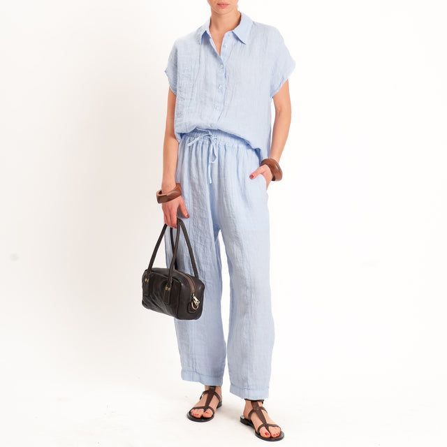 Zeroassoluto-Pantalone barrel elastico in vita 100% lino premium washed - celeste