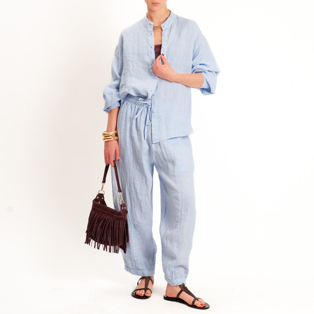 Zeroassoluto-Pantalone barrel elastico in vita 100% lino premium washed - celeste