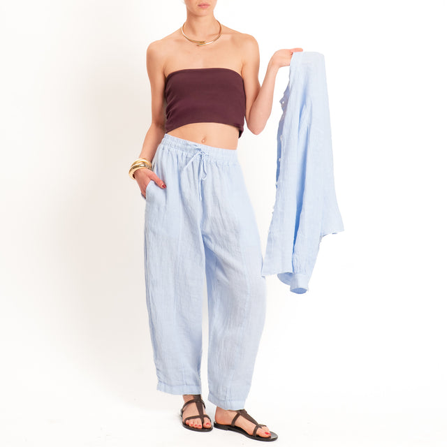 Zeroassoluto-Pantalone barrel elastico in vita 100% lino premium washed - celeste