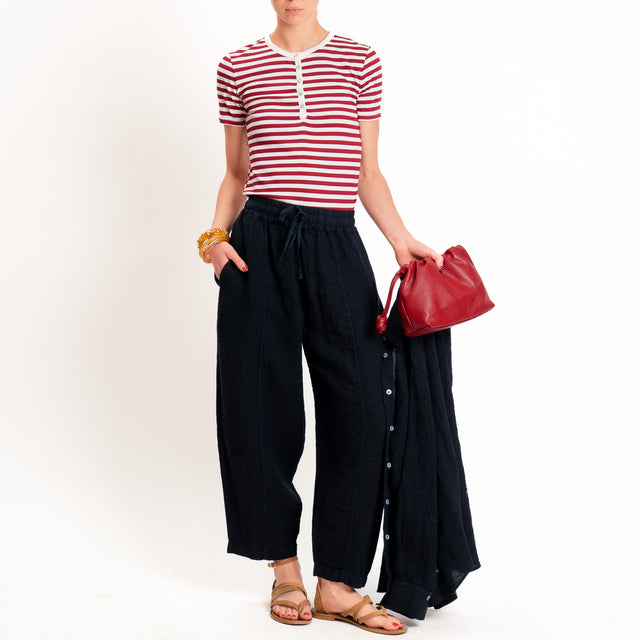 Zeroassoluto-Pantalone barrel elastico in vita 100% lino premium washed - blu
