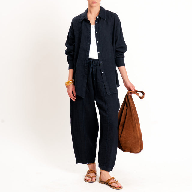 Zeroassoluto-Pantalone barrel elastico in vita 100% lino premium washed - blu