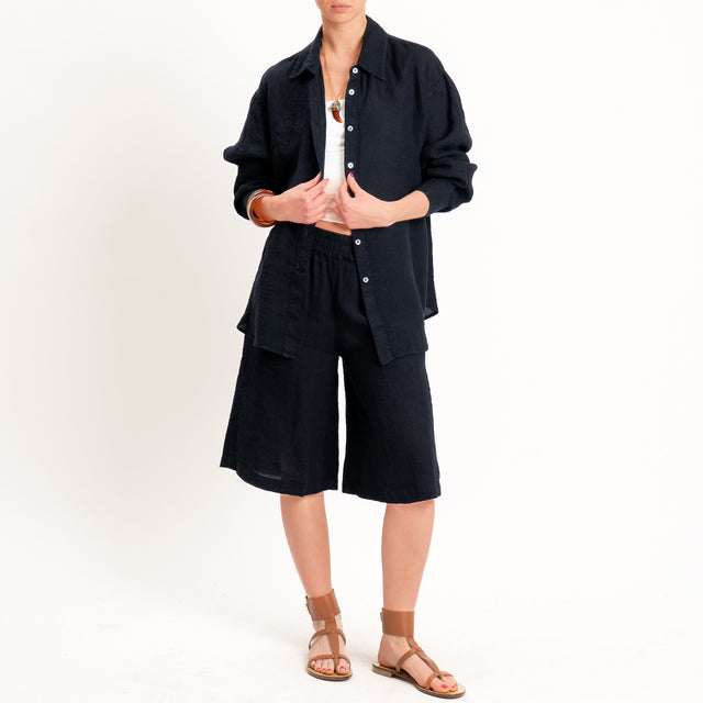 Zeroassoluto-Bermuda elastico in vita 100% lino premium washed - blu