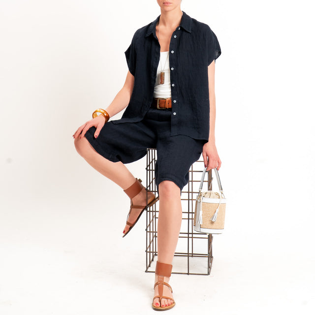 Zeroassoluto-Bermuda elastico in vita 100% lino premium washed - blu