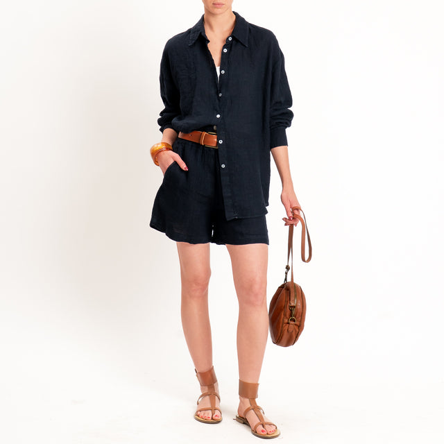 Zeroassoluto-Shorts elastico in vita 100% lino premium washed - blu