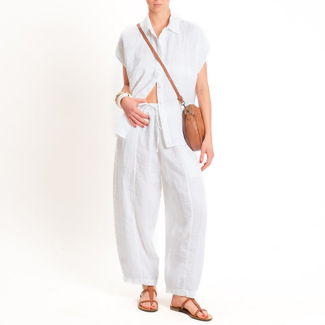 Zeroassoluto-Pantalone barrel elastico in vita 100% lino premium washed - bianco