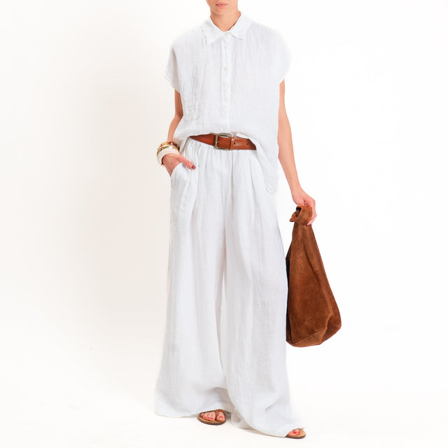 Zeroassoluto-Pantalone wide leg 100% lino premium washed- bianco